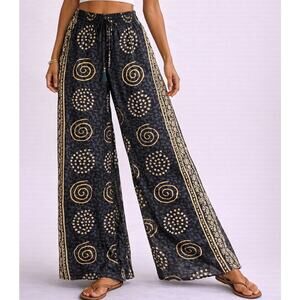 Black & Gold Boho Wide-Leg Resort Pants with Tassel Waist